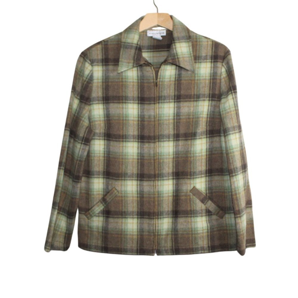Vintage 90s Evan Picone womens jacket size 16 green plaid wool blend 70s style